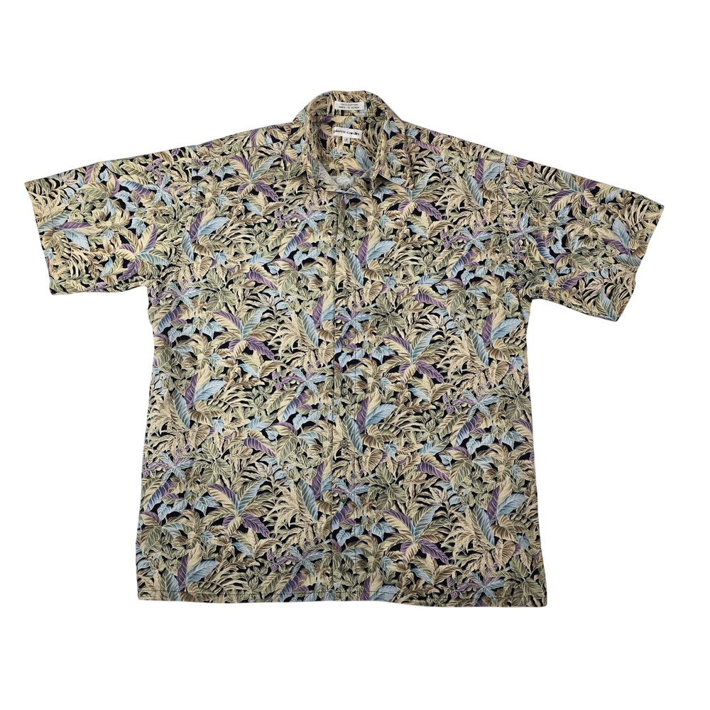 Pierre Cardin Tropical Leaf Button Down Shirt Men Large Tall Cotton Hawaiian